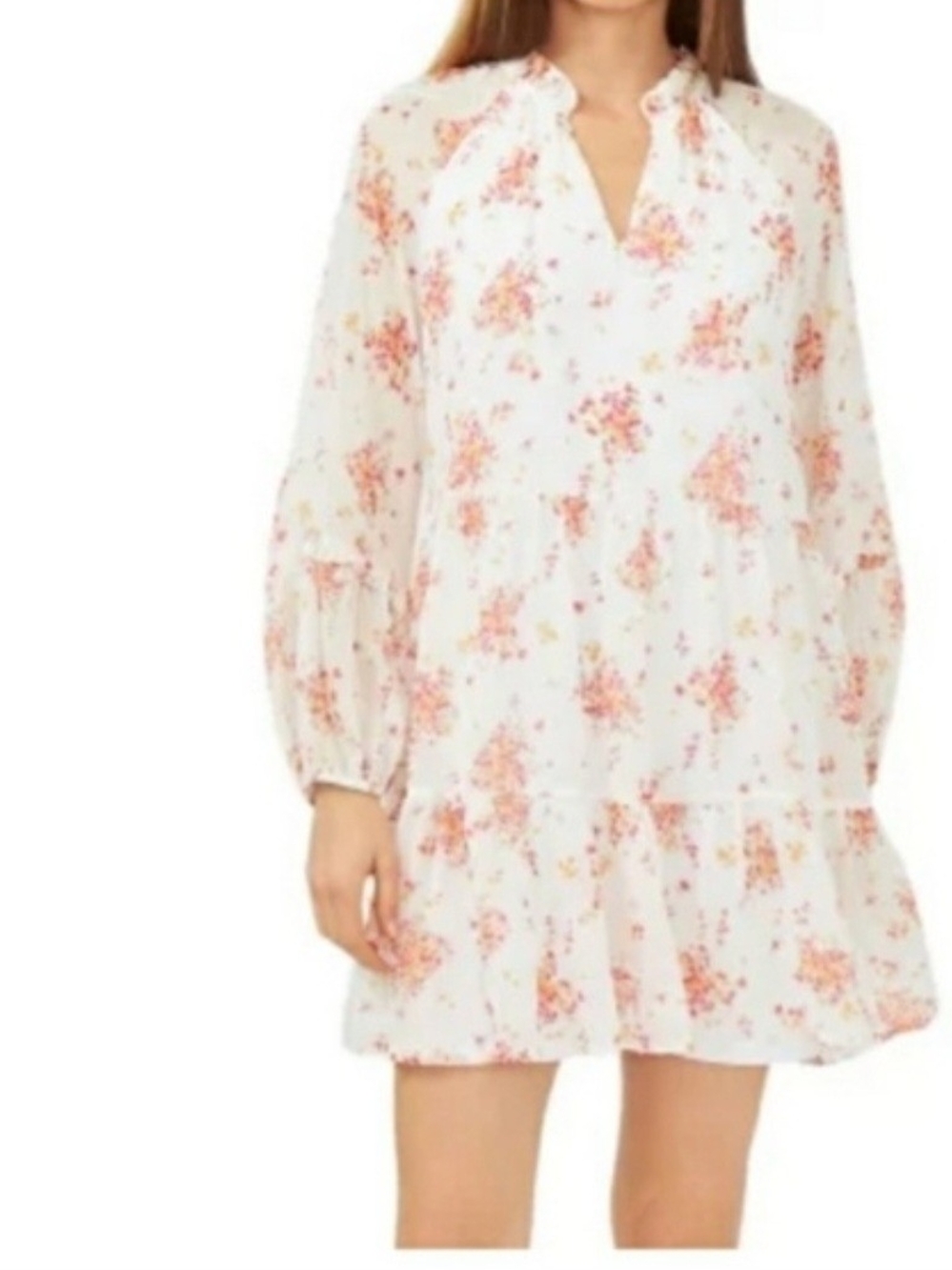 Floral White  Peach And Pink Long-Sleeve Tiered Mini Dress